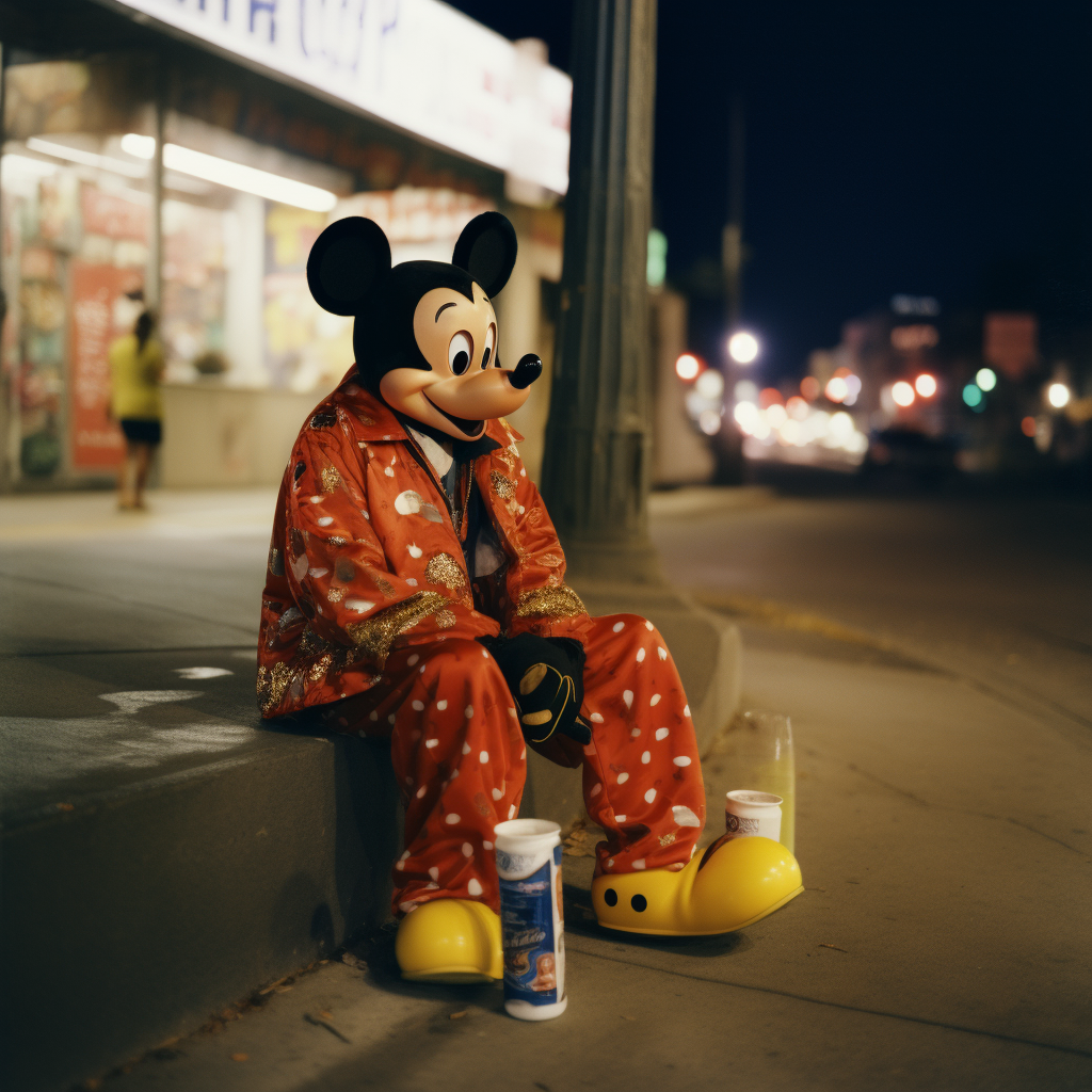 Despairing Mexican American in Mickey Mouse Costume on City Street