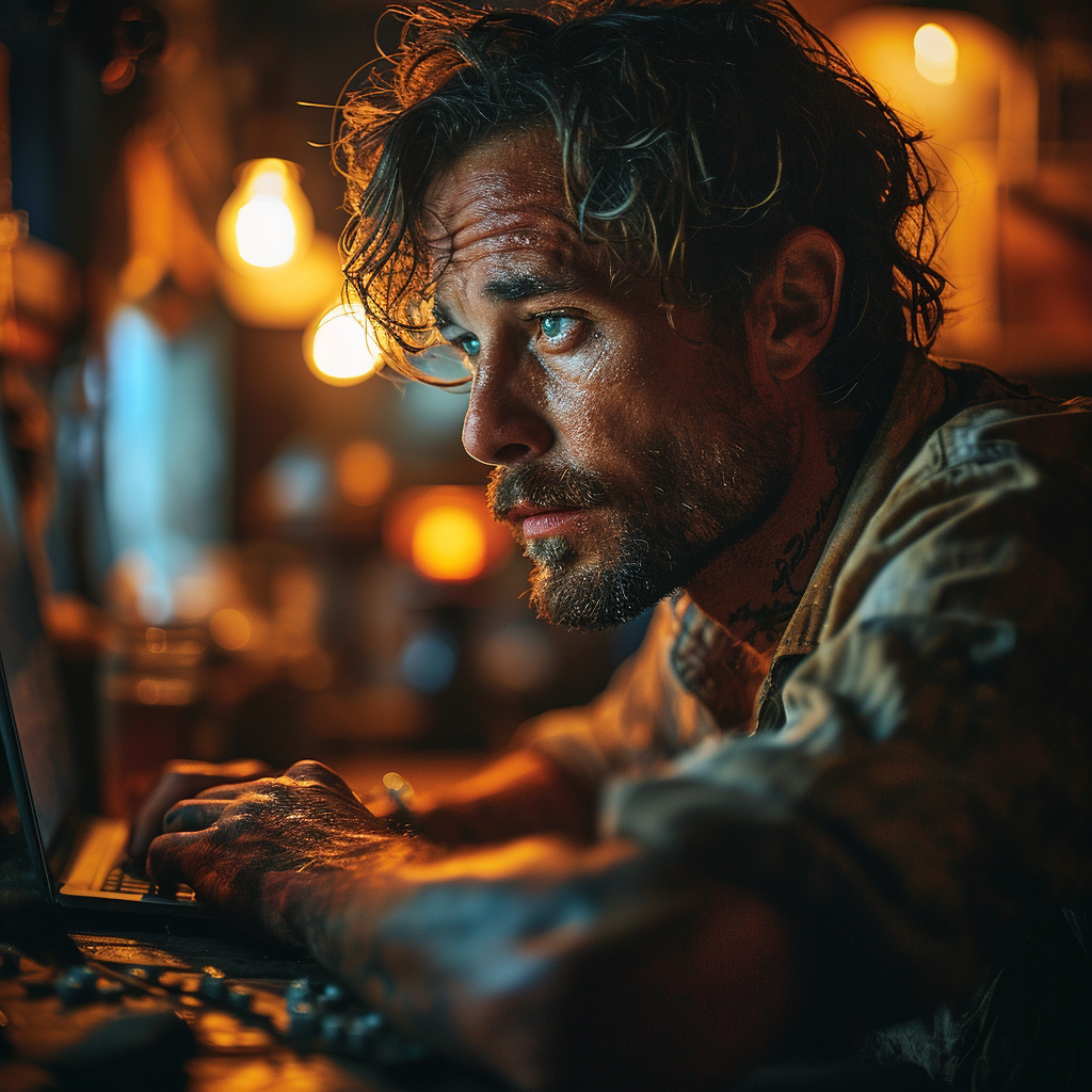 Muscular man sitting at computer with steroids