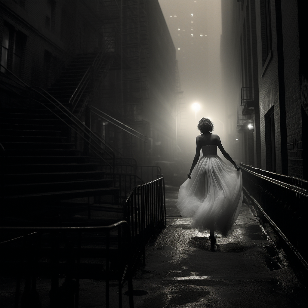 Woman in white dress running on eerie street