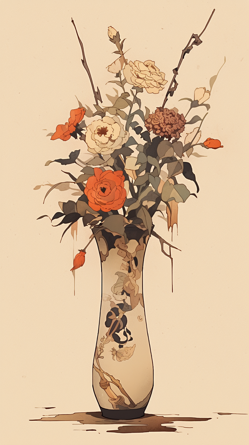 Analog painting of dessert vase with wilted flowers