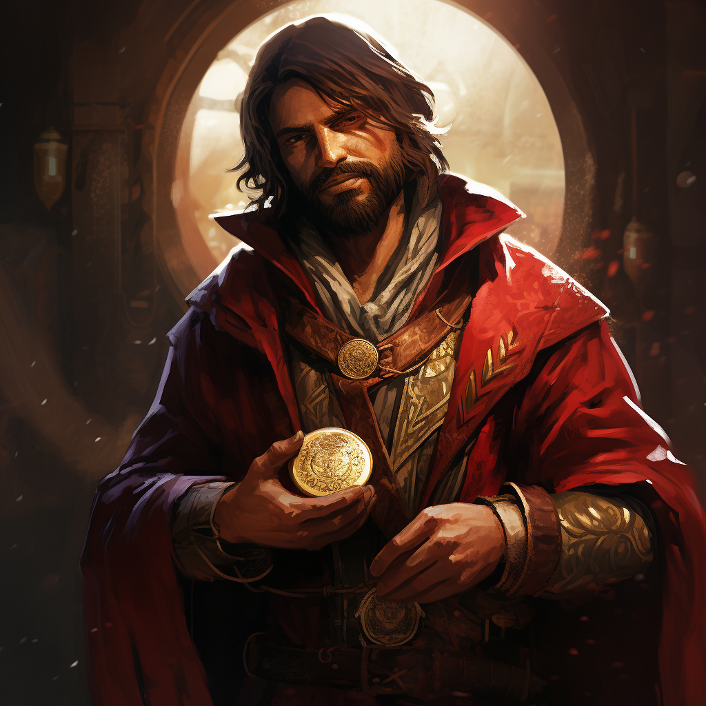 The Drifter holding a red coin in medieval setting