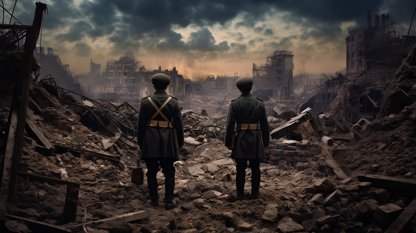 Japanese soldiers in a devastated city