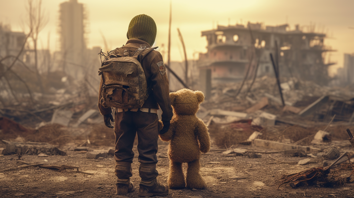 Teddy bear standing in front of destroyed city