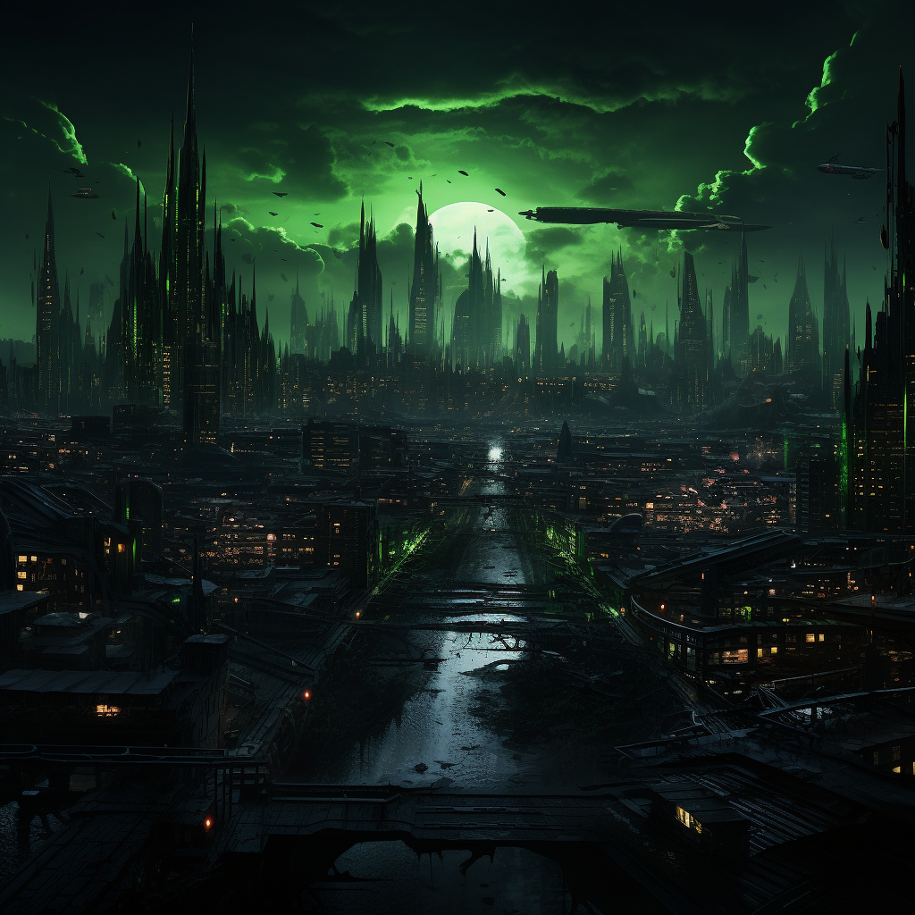 Dark Cyberpunk City with Neon Green Accents