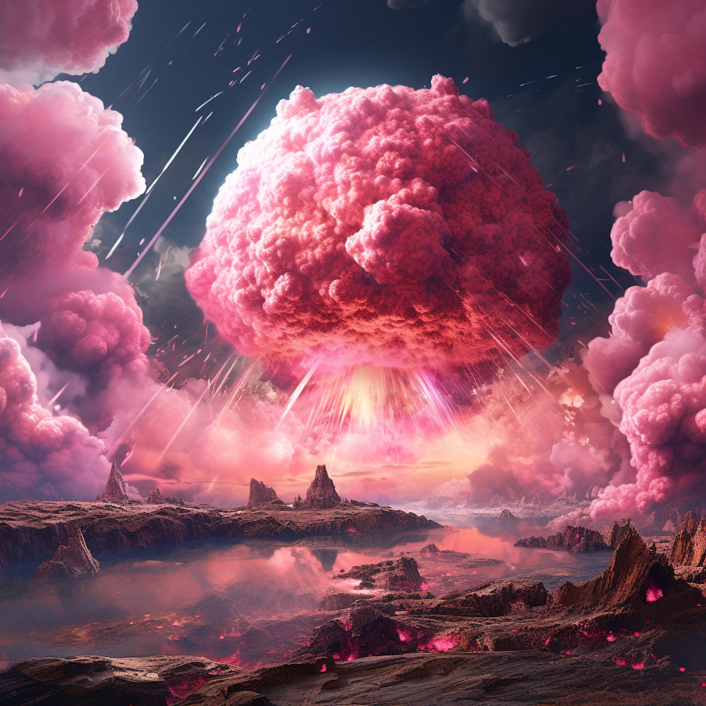 View of destroyed Earth with pink mushroom clouds