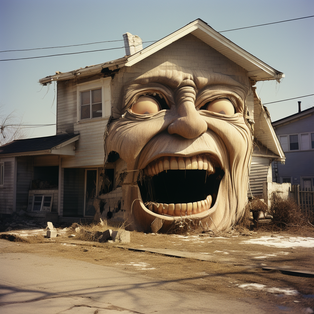 Terrifying destroyed house resembling a face