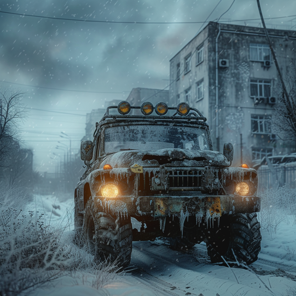 Post-apocalyptic Russian city with vehicle