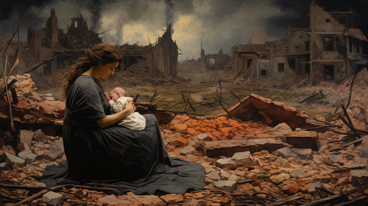 Mother and Child made of stones in destroyed city