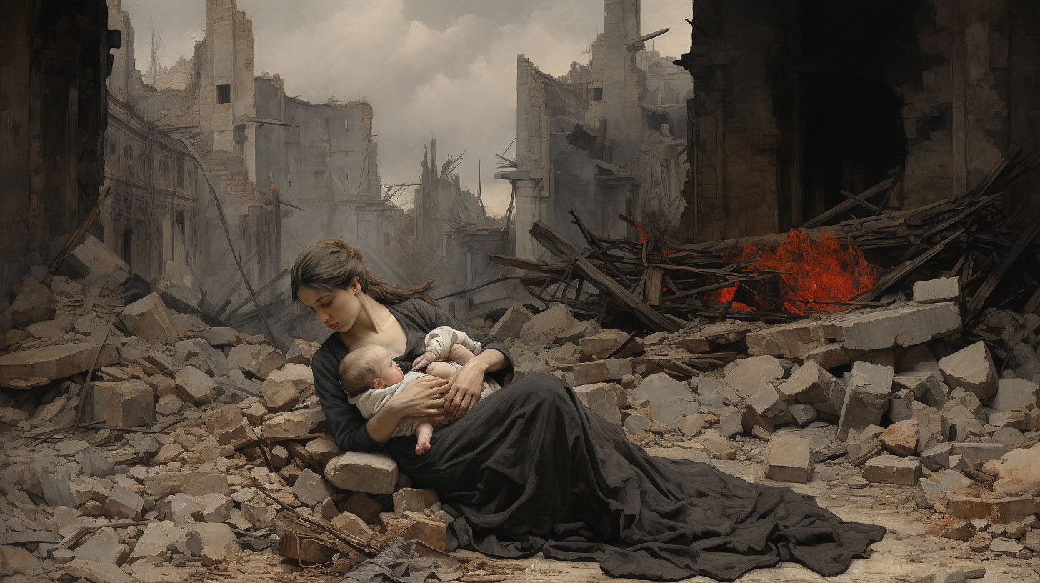 Mother and Child amidst City Destruction