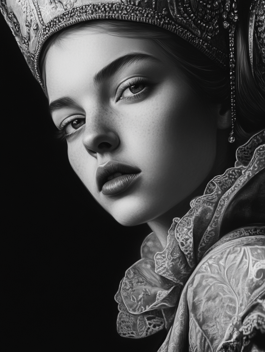 Detailed black and white royal portrait