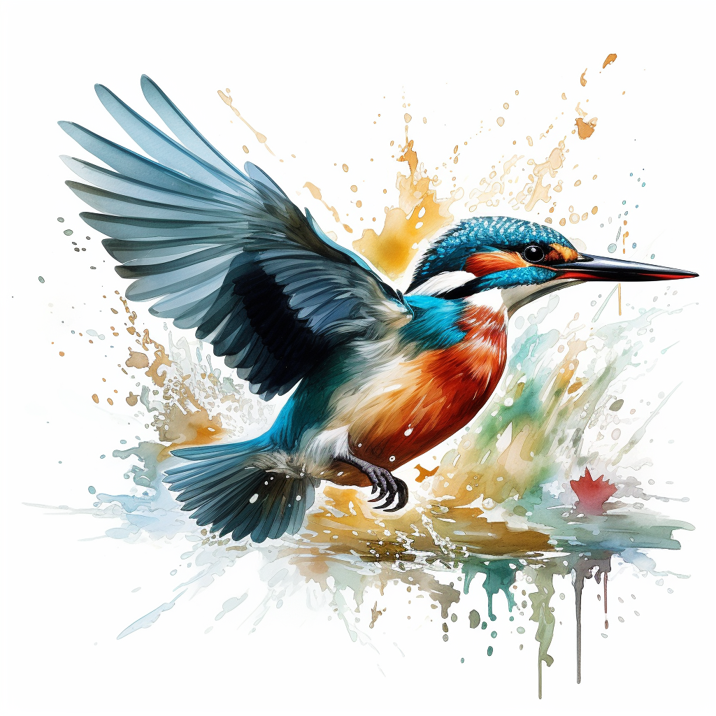 Detailed kingfisher swooping river scene