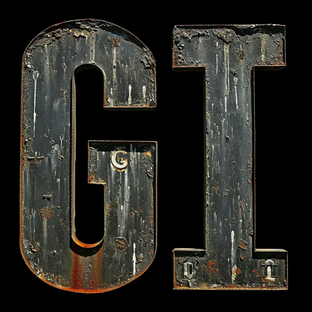 Detailed logo with  G I  subheading in Helvetica bold typeface made of corroded metal