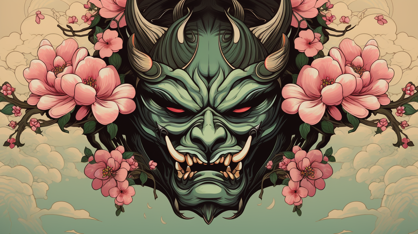 Detailed Oni Mask in Devilish Green, Pink, and Black