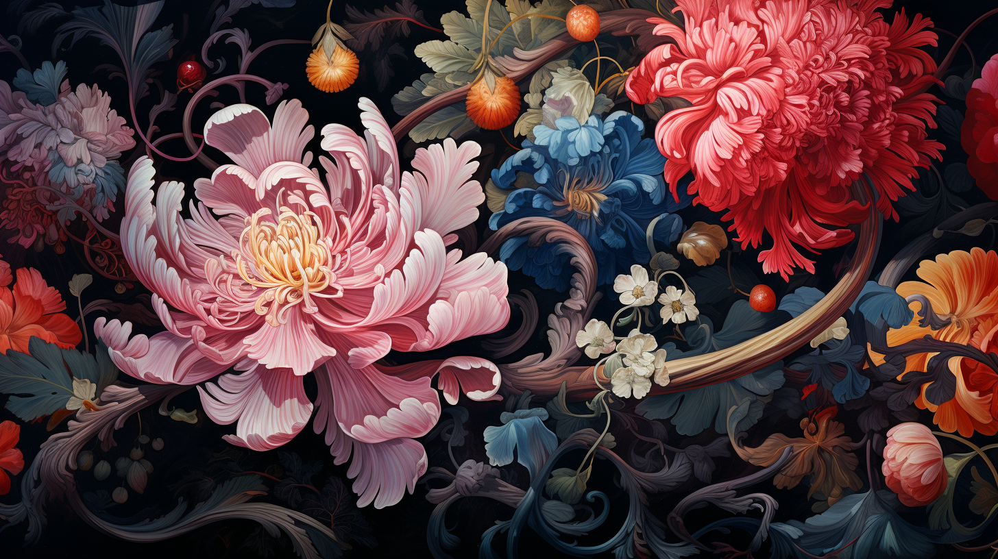 Vibrant detailed painting of various flowers