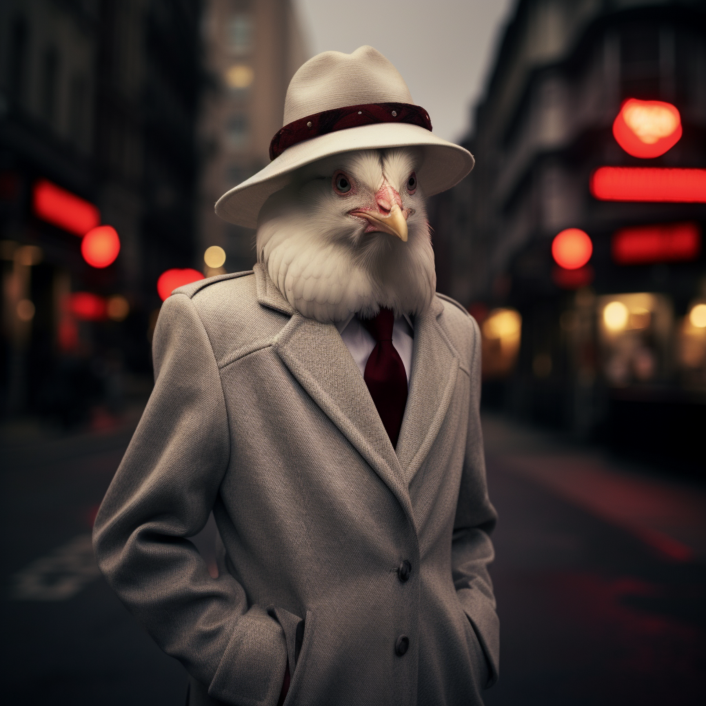 Photorealistic detective hen in London