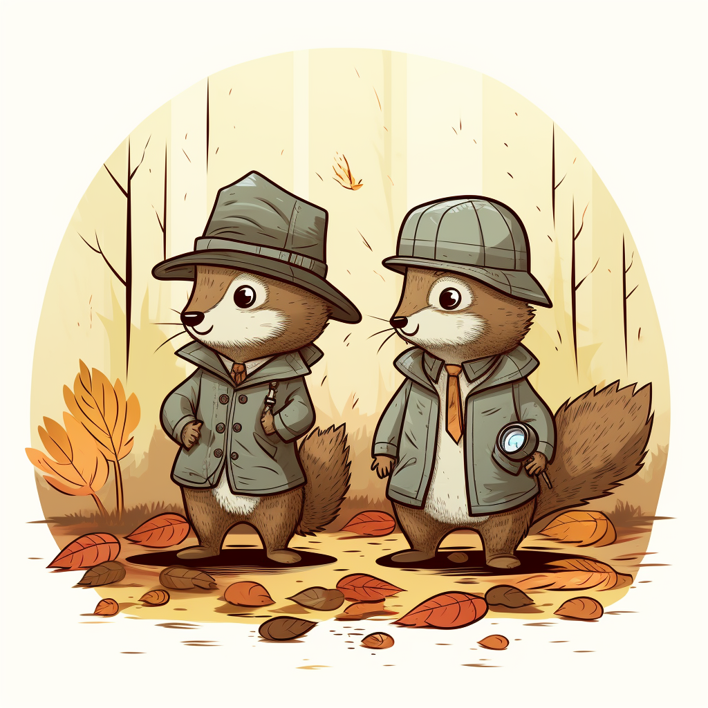 Two detective squirrels searching for clues in woods