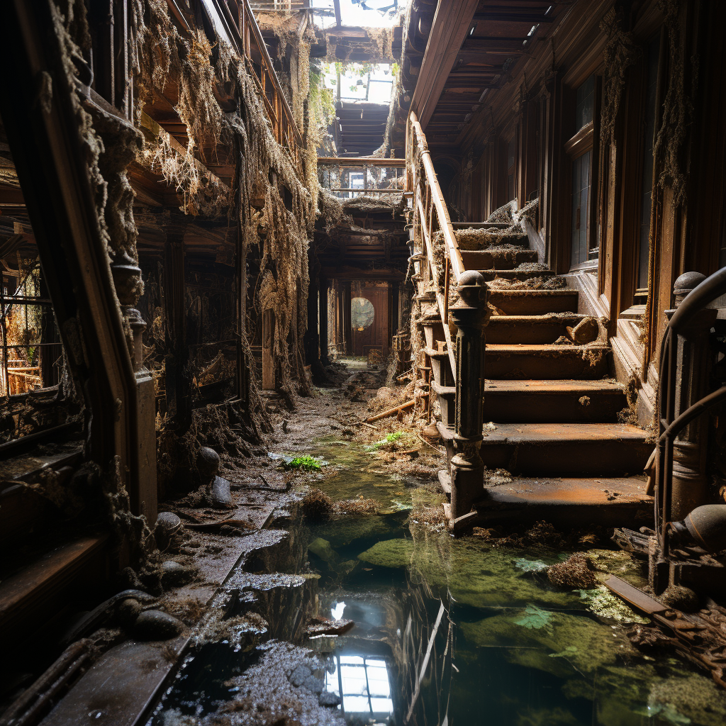 Deteriorated ship railing on abandoned vessel