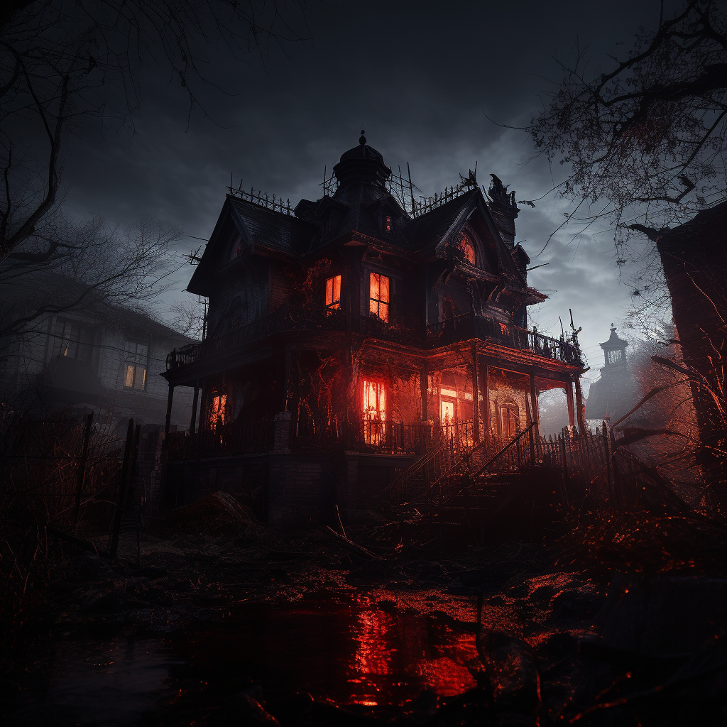 Eerie Victorian house with red lights