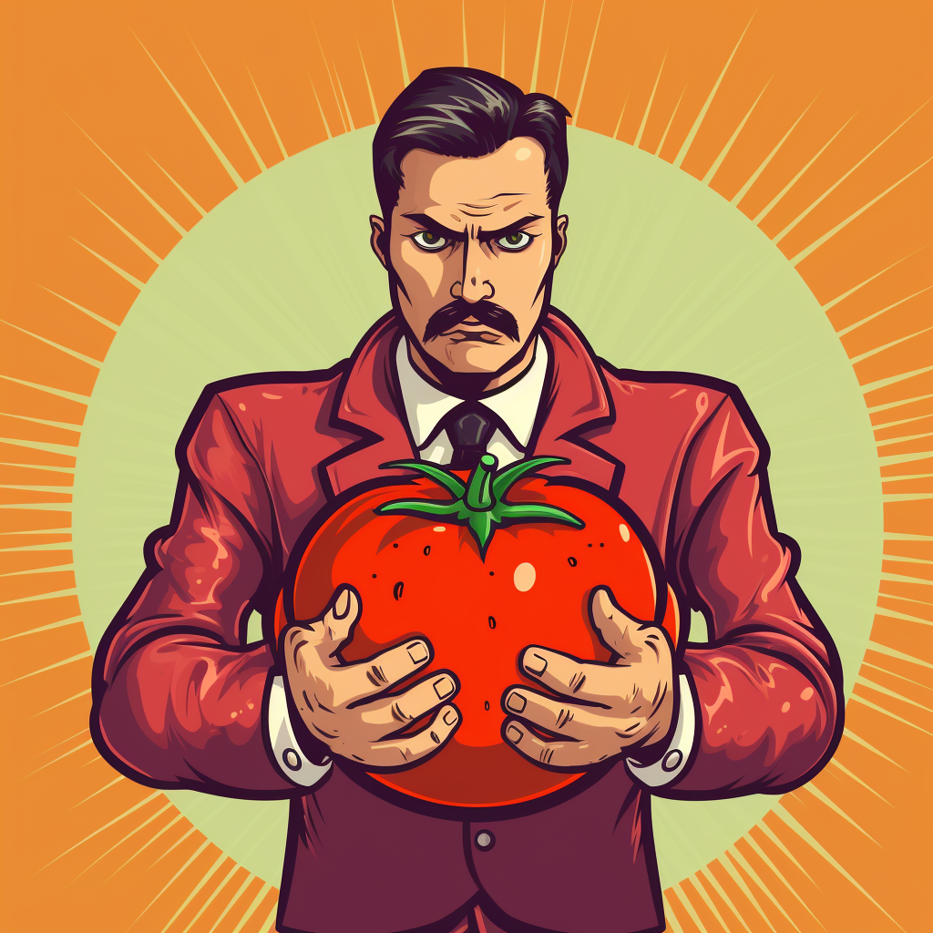 Serious developer holding a tomato