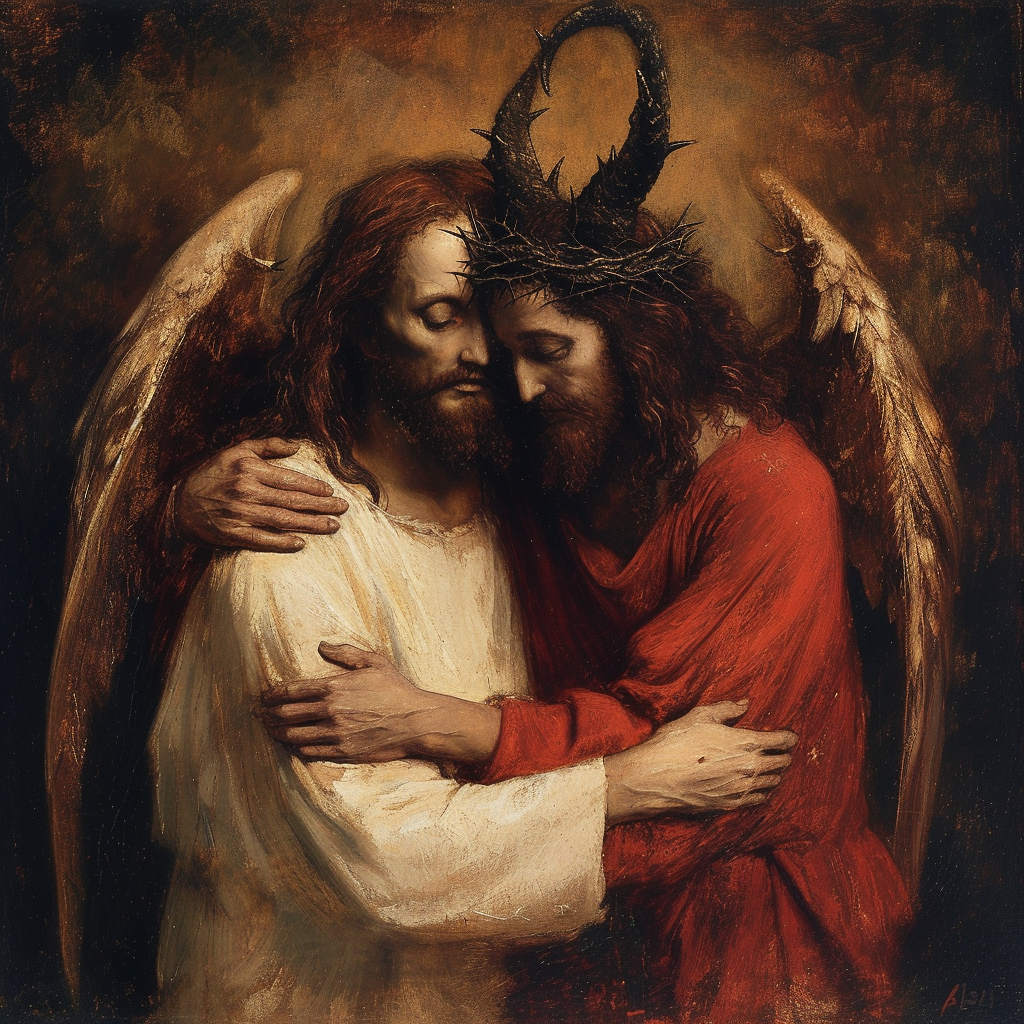 Devil and Jesus Hugging