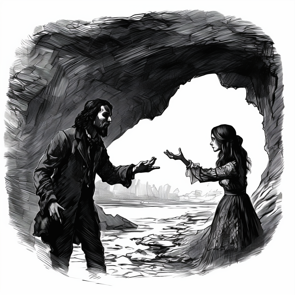 Devil man pointing woman to river transformation