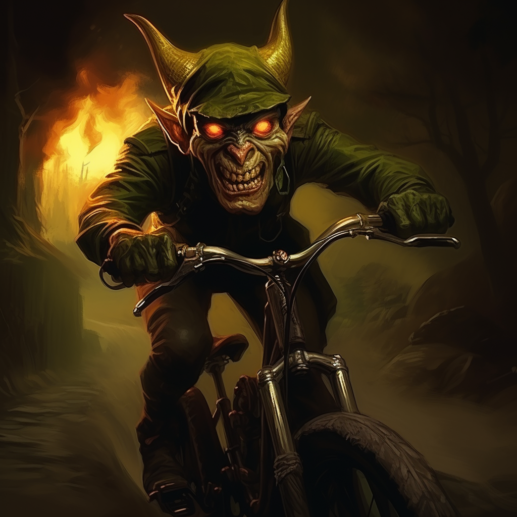 Devil riding a bicycle in a cartoon military uniform