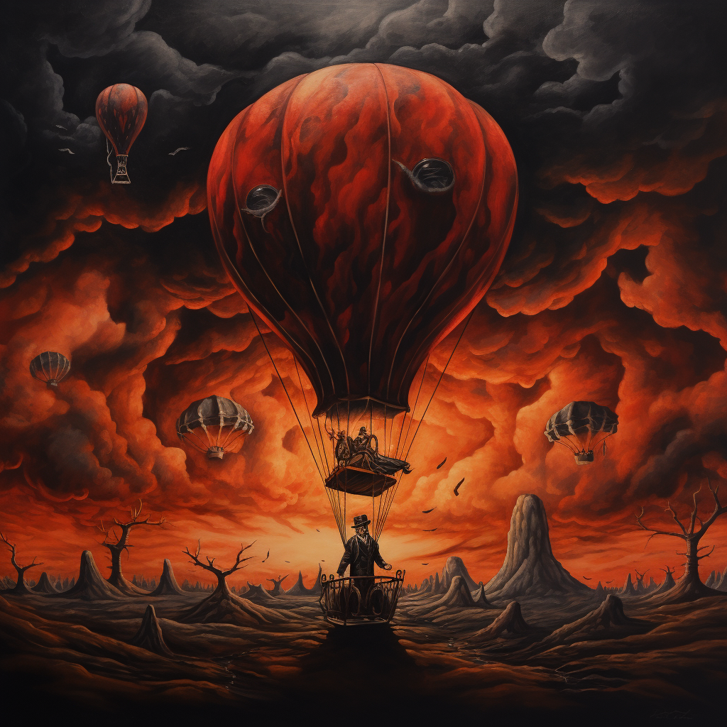 Devil riding red hot air balloon