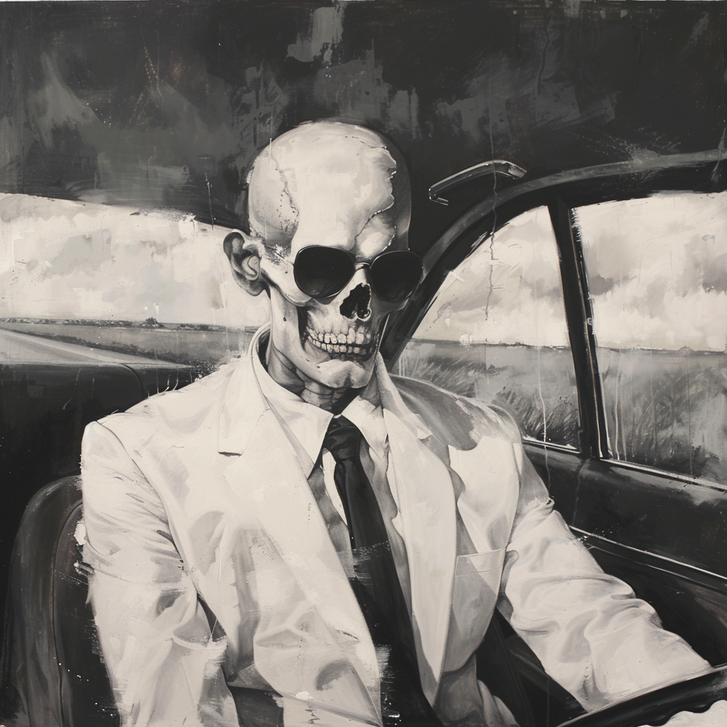 Devil in suit driving car