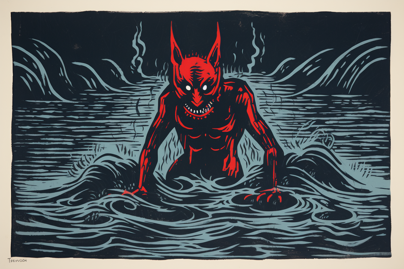 Devil made of water linocut