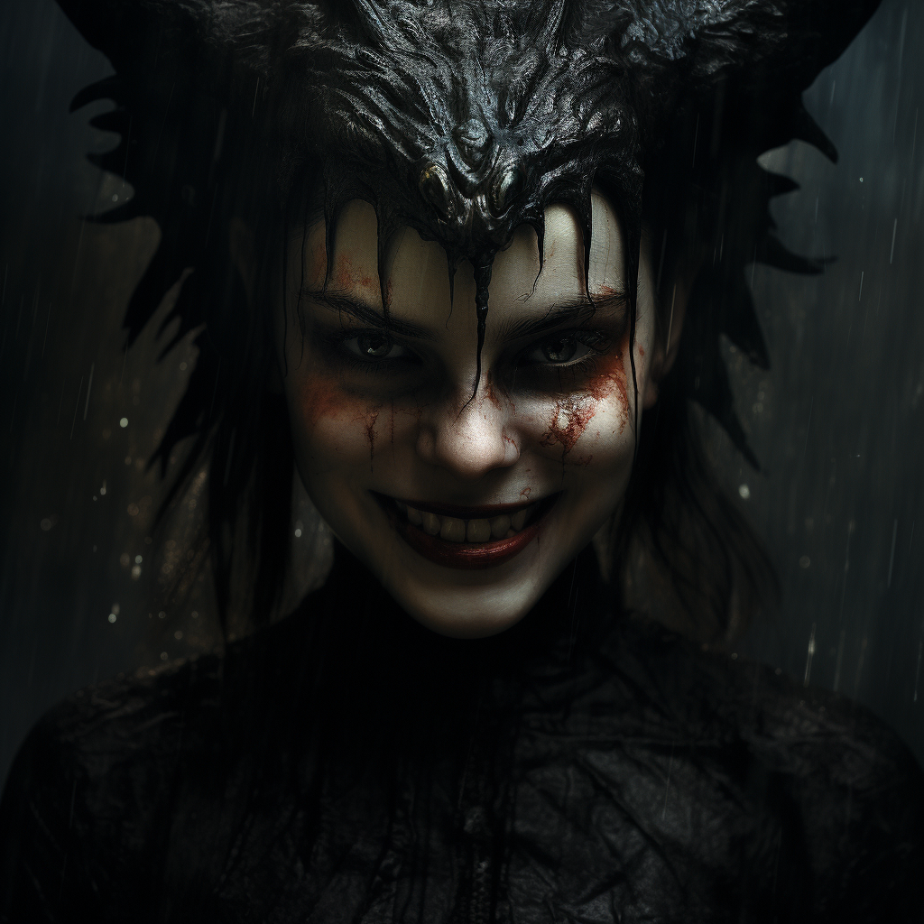 Portrait of devilish woman with black eyes and horns