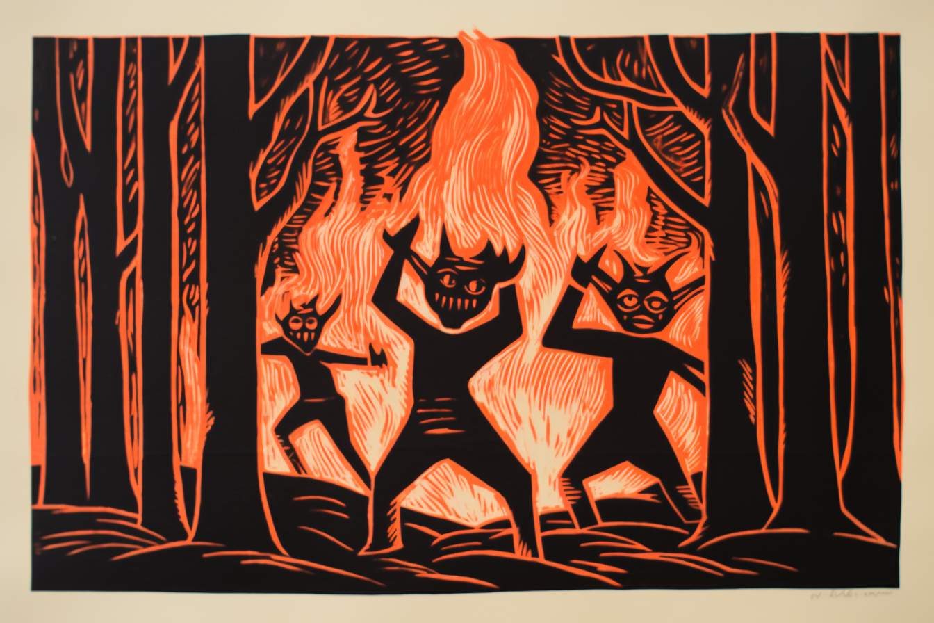 Linocut print of devils dancing in forest fire