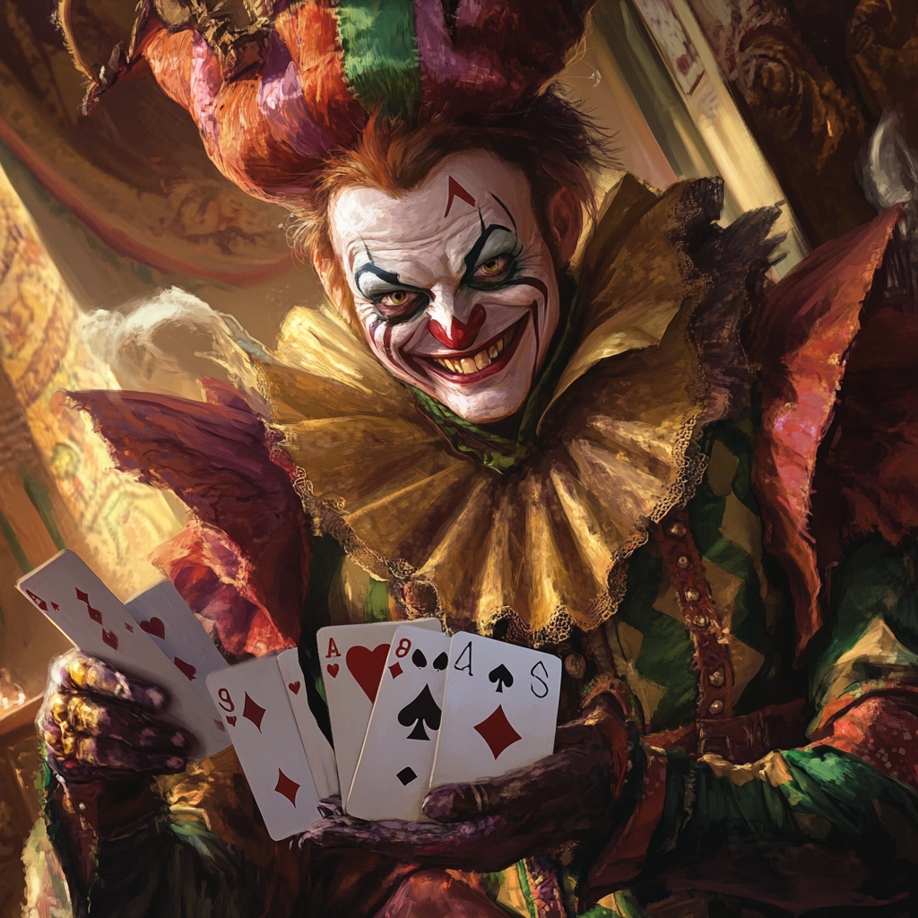 devious man in court jester attire with magical cards