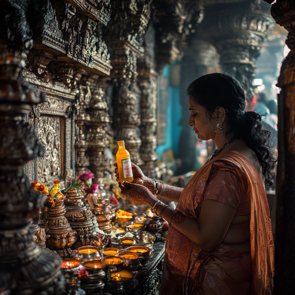 Lady devotee offering honey to Goddess