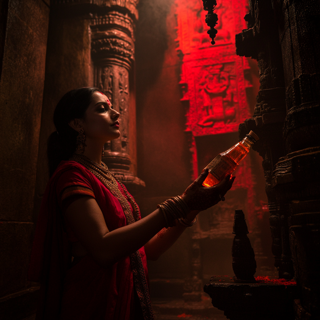 Lady devotee offering honey to Goddess Durga