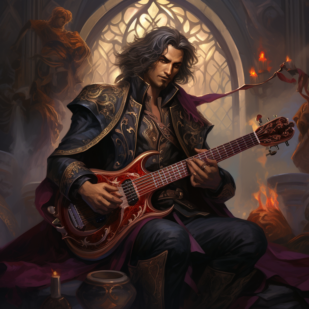 Dhampir warlock musician playing a magical instrument