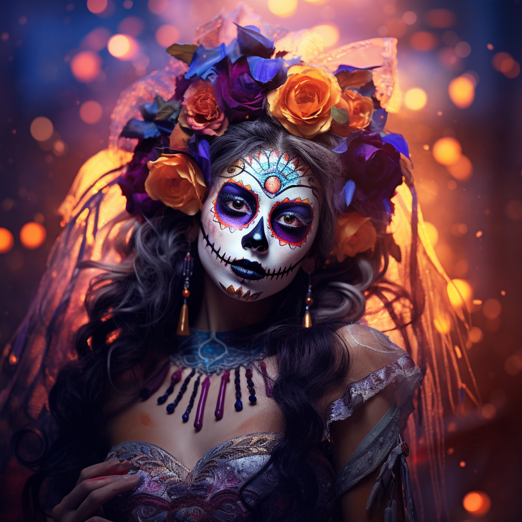 Mexican girl with carnival mask and sugar skulls