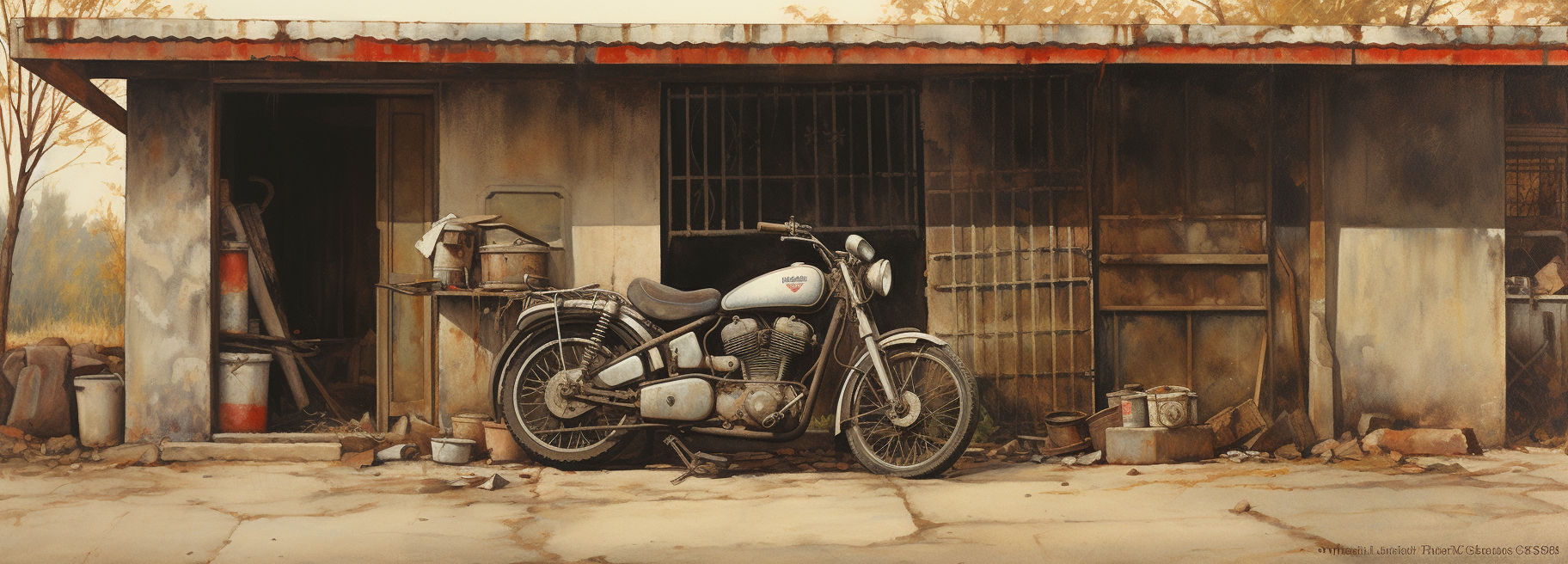 Traced drawing of a warehouse, crate, and motorcycle