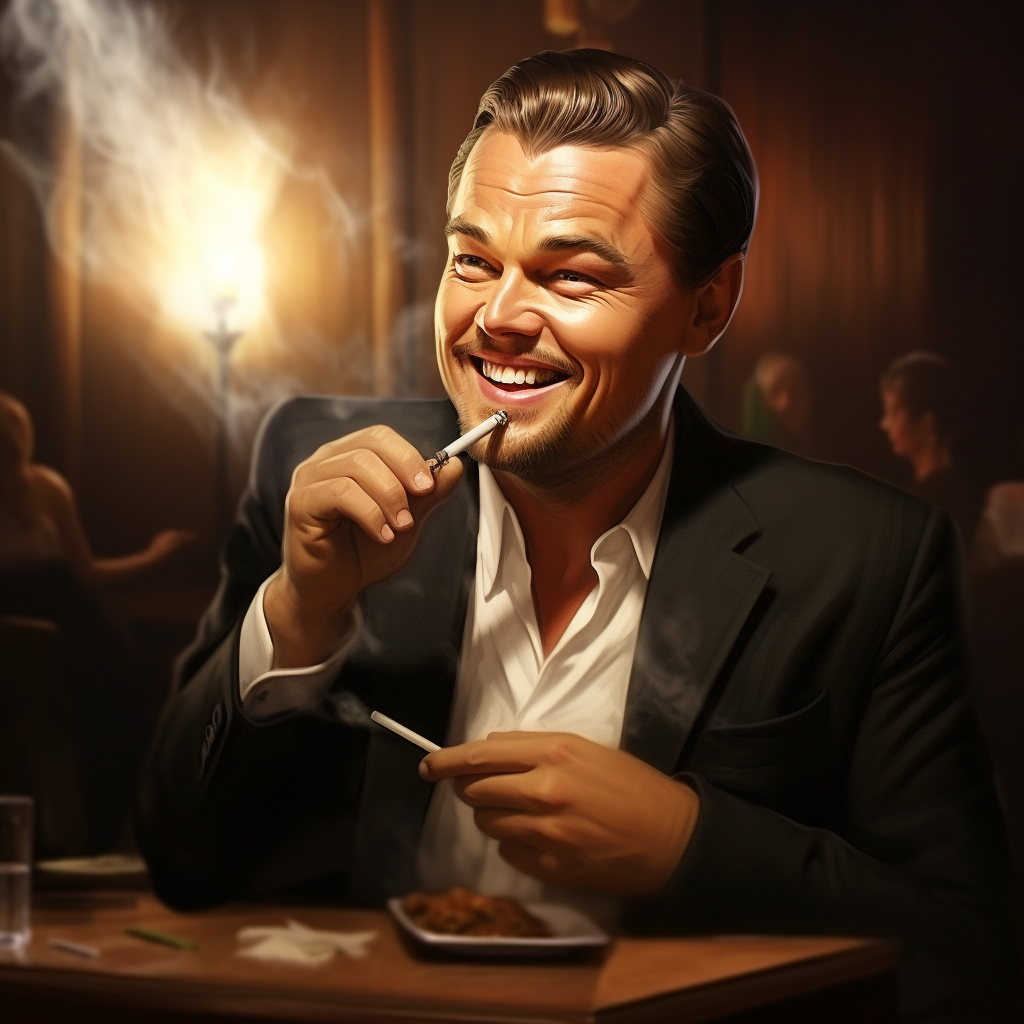 Leonardo DiCaprio Caricature Smoking Cigar Laughing