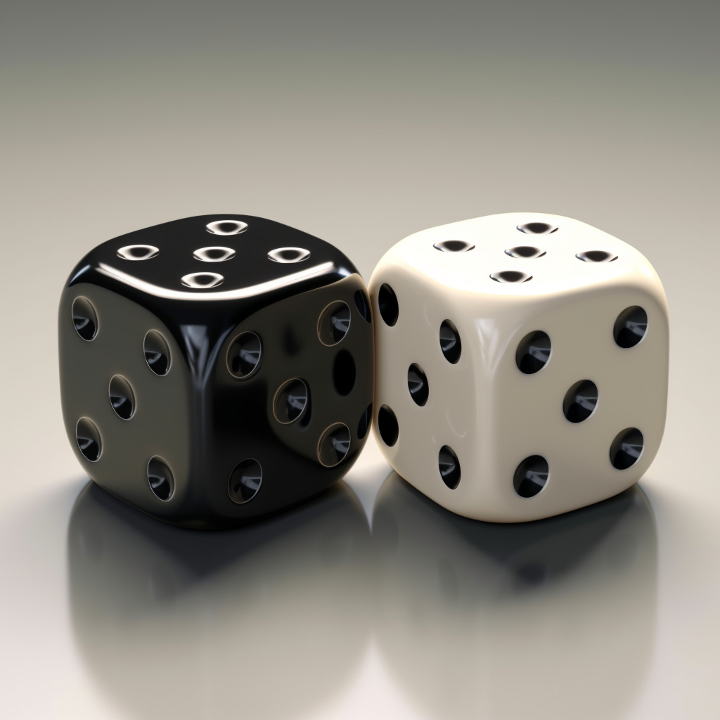 Pair of hyperrealistic dice displaying 14% and 84%