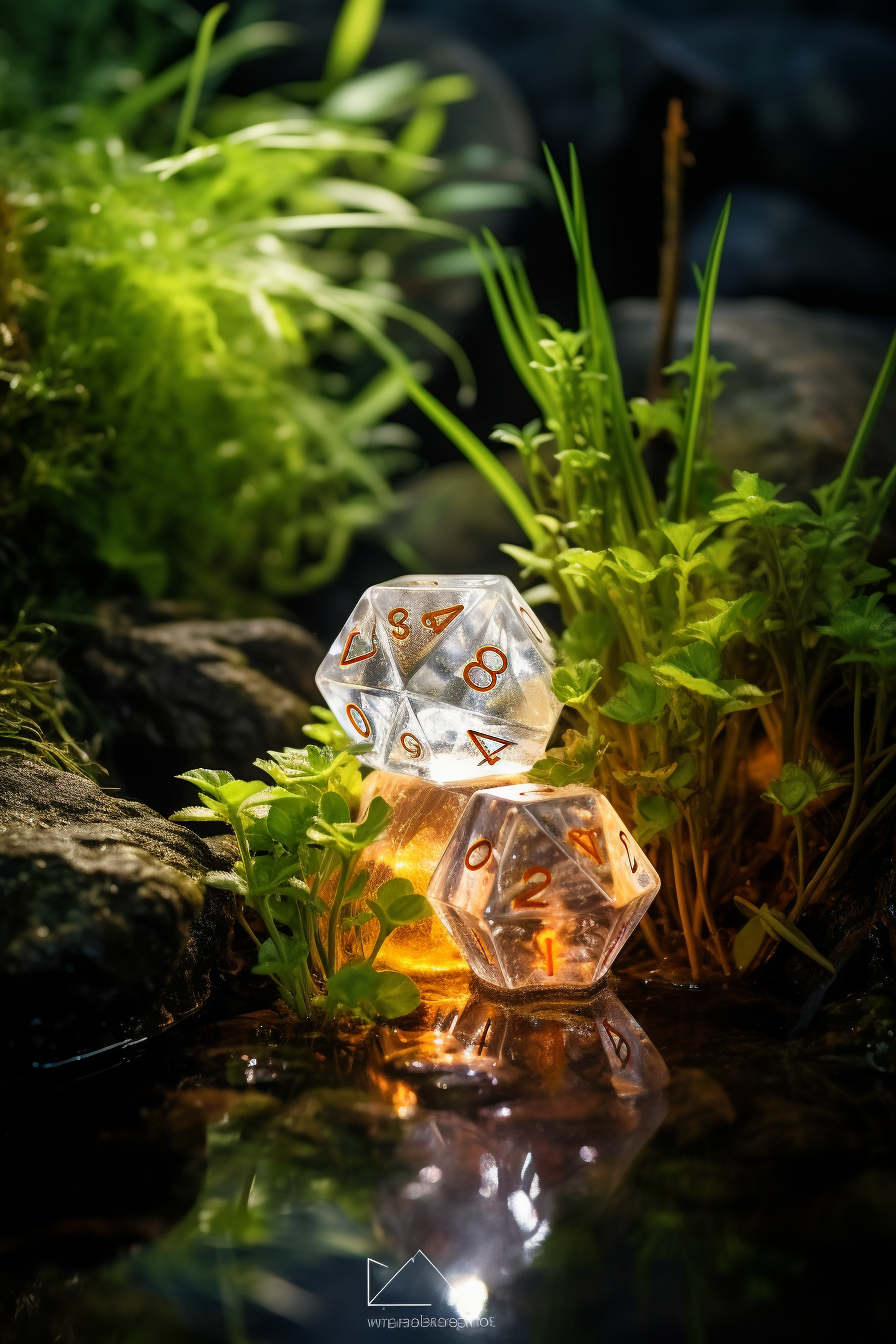 Dice on plants and rocks in water