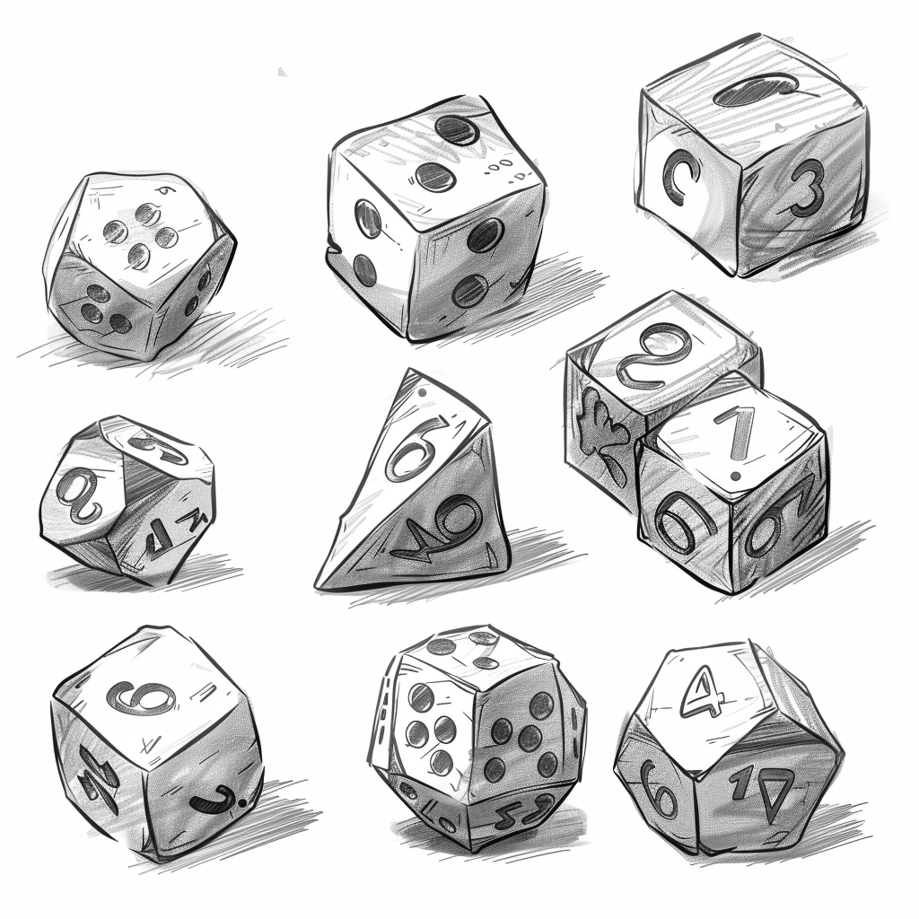 dice sizes drawings white background numbers