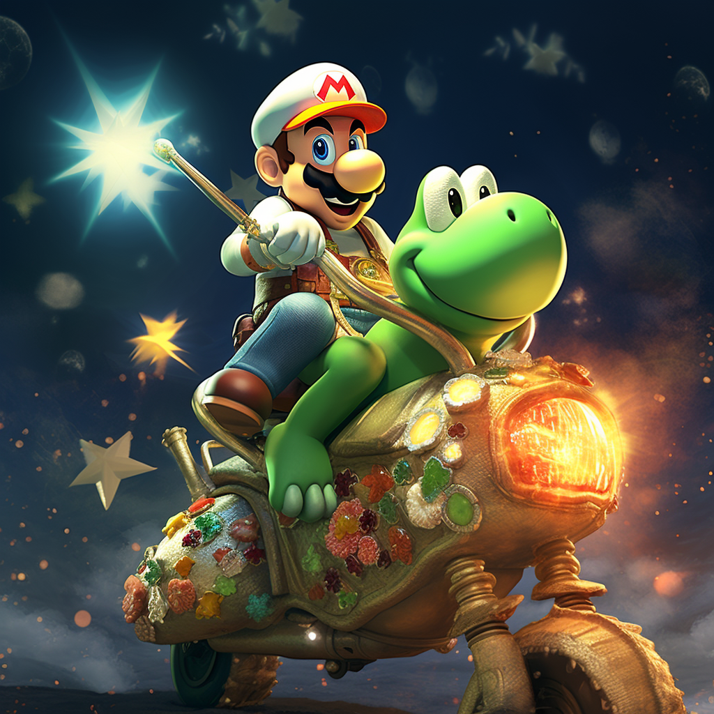 Diddy King riding Yoshi in a thrilling video game