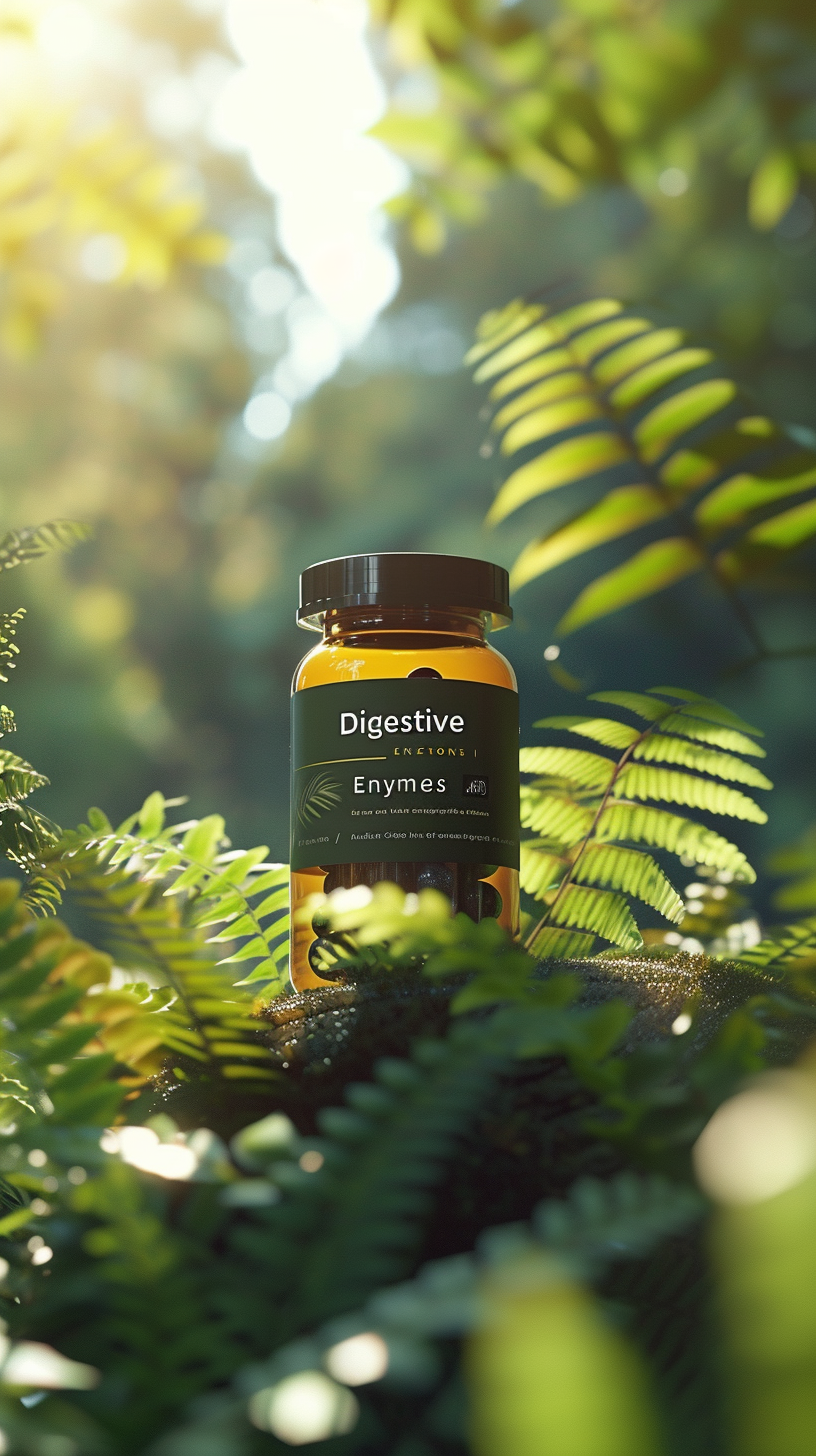 Digestive Enzymes Supplement Container in Nature Sunlight