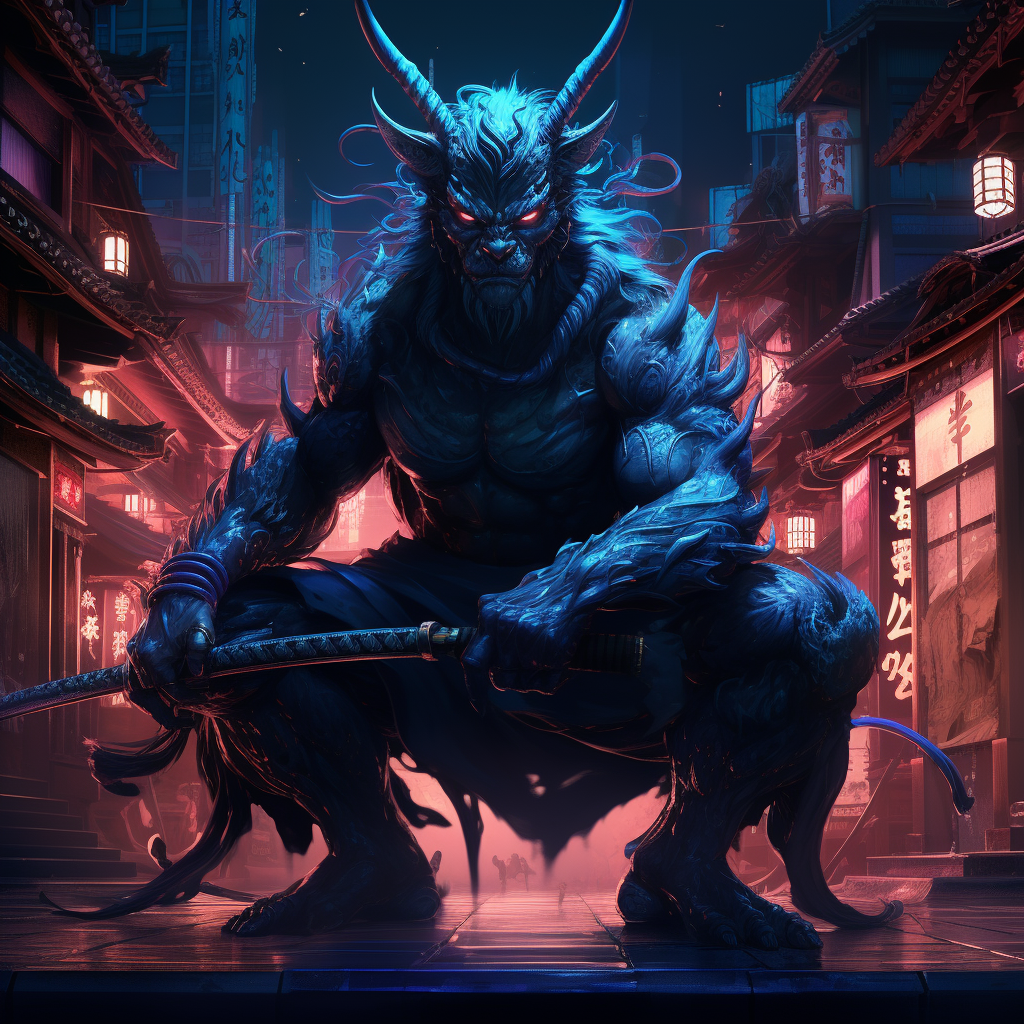 Blue Oni with Sword in Neon Tokyo Shrine