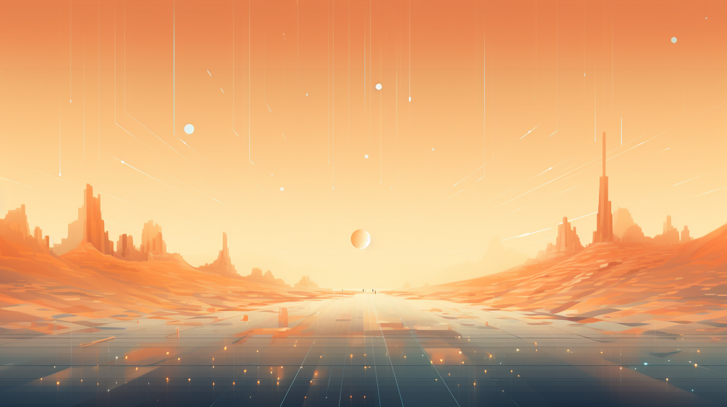 Horizon filled with digital code, geometric shapes, and AI symbols