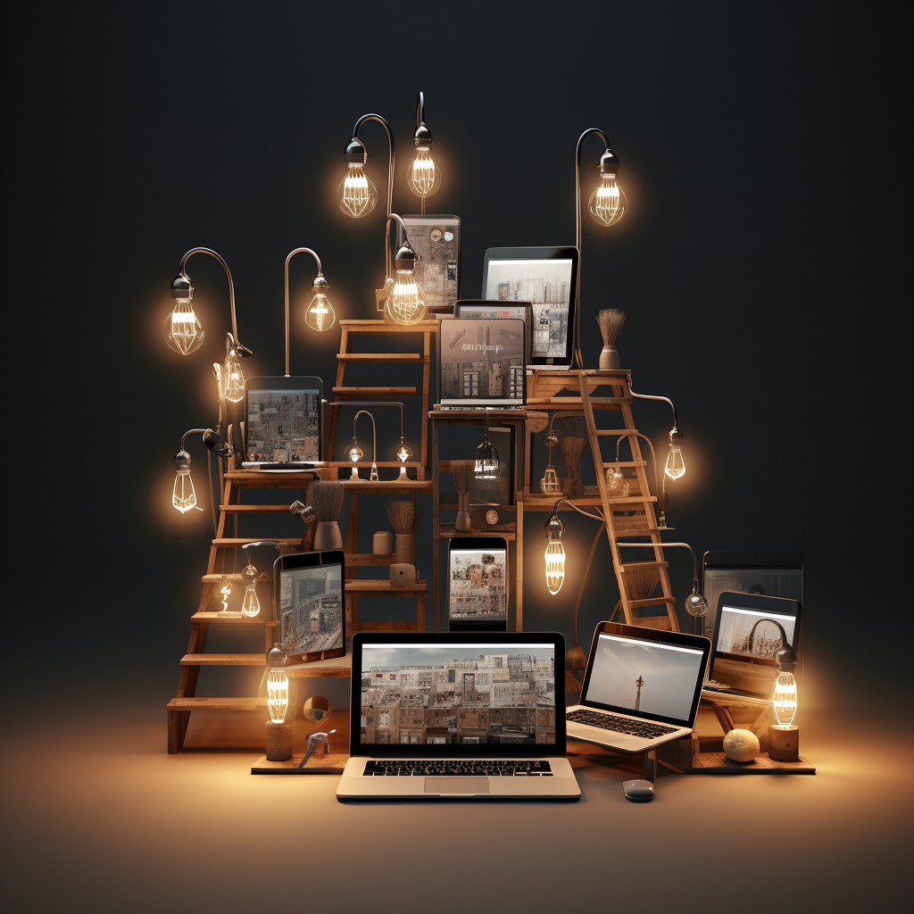 Various digital devices with idea lightbulbs