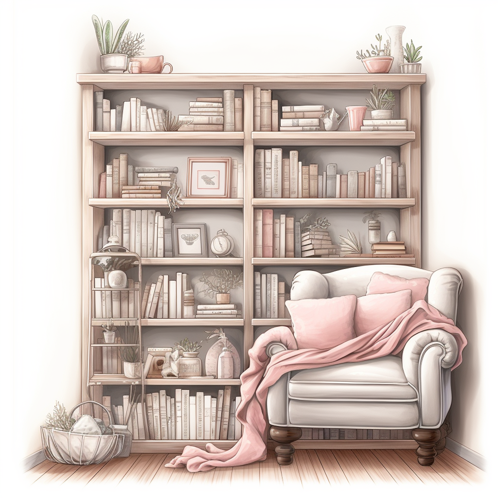 Home Library Digital Illustration in Soft Pink Gray White