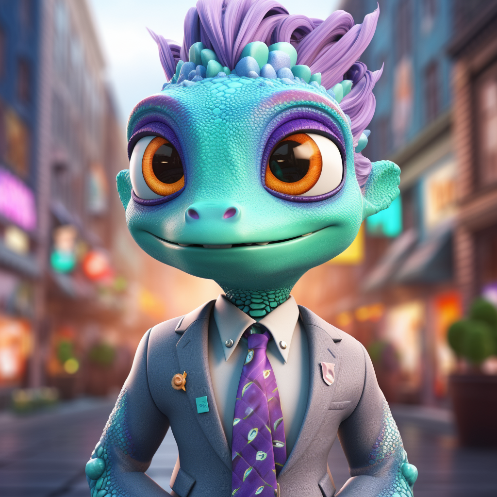 Anthropomorphic chameleon digital marketing manager in dynamic scene