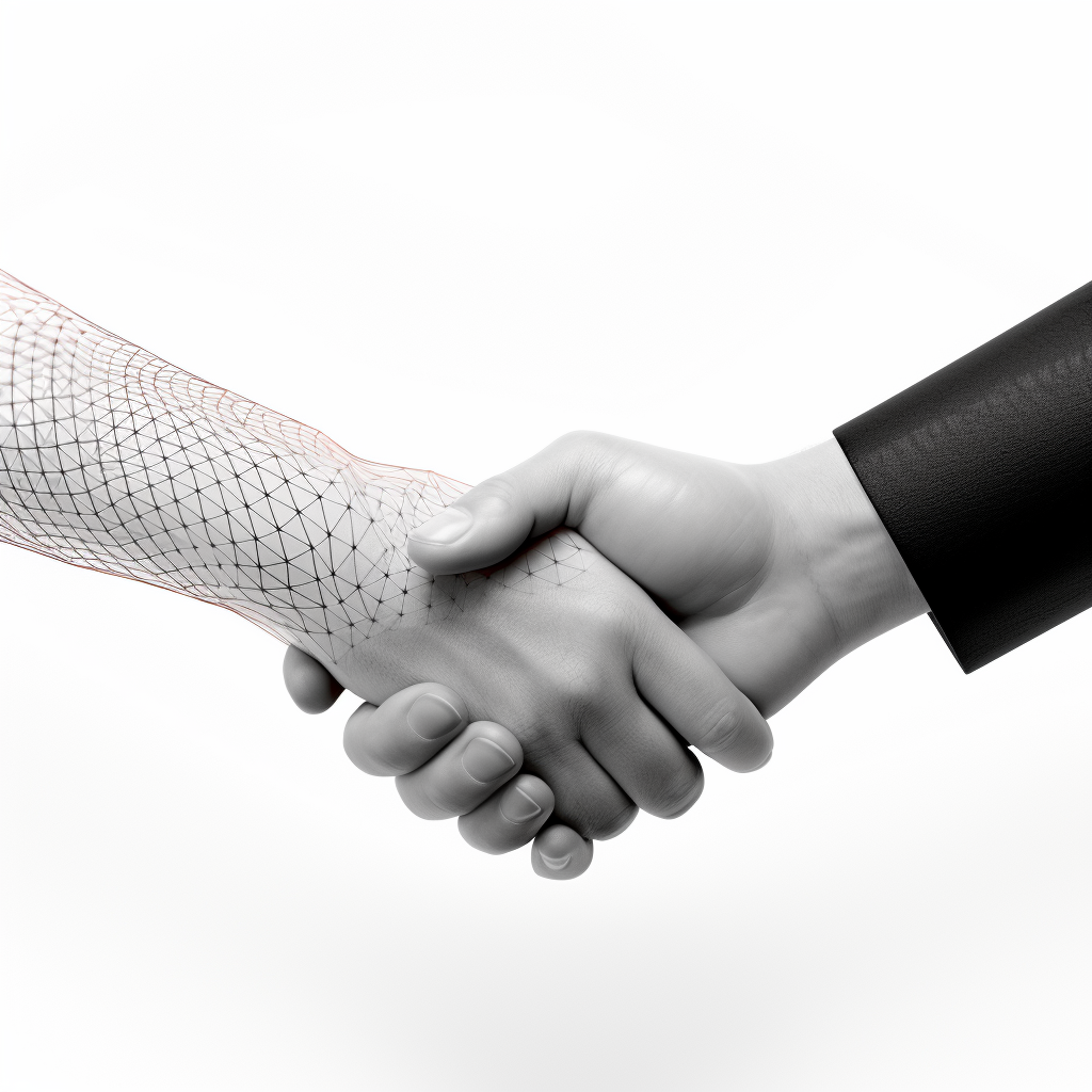 Businessman shaking hands with digital mesh hand