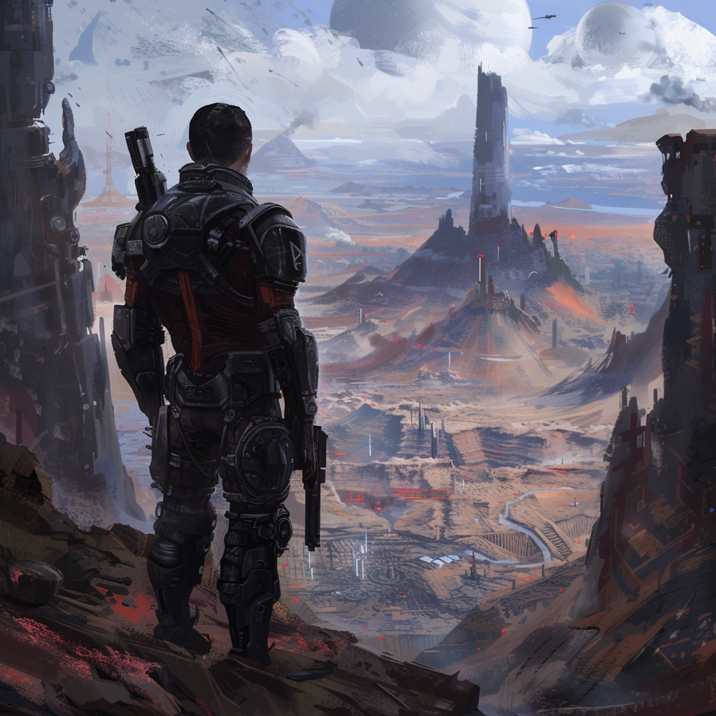 soldier overlooking sci-fi landscape